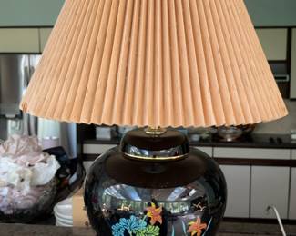 Chinoiserie Black Ceramic Table Lamp with Floral Design