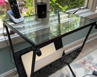 Metal and Glass Side Table with Integrated Woven Magazine Rack