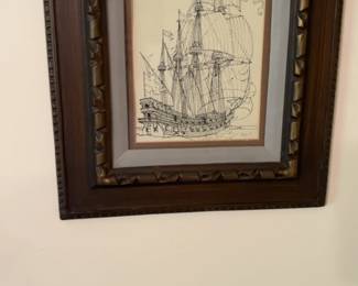 Vintage Framed Nautical Tall Ship Pen and Ink Drawing