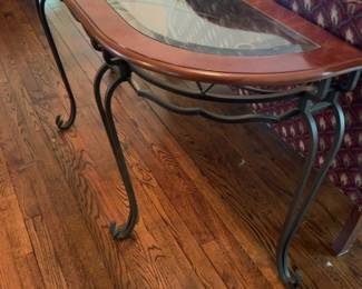 Half-Moon Console Table with Glass Top and Metal Inlay