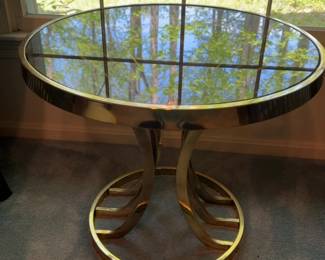 Modern Brass and Glass Round Pedestal Dining Table