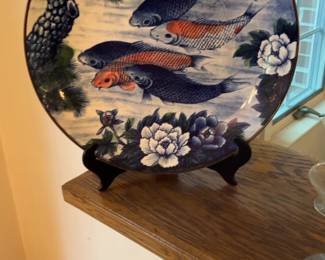Japanese Decorative Porcelain Plate with Koi Fish and Floral Motif