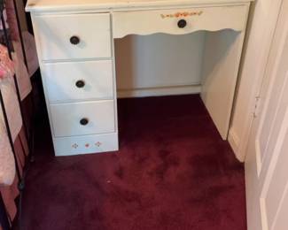 Three-Drawer White Wood Desk with Flower Knobs 36 x 17 x 29