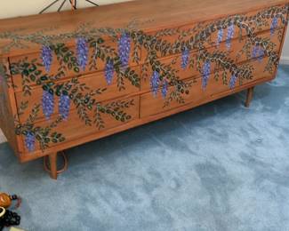 Mid-Century Modern Hand-Painted Wisteria Dresser 73 x 18 x 30