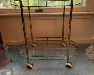 Vintage Gold Faux Bamboo Bar Cart with Mirrored Top