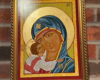 Orthodox Virgin Mary and Christ Child Religious Icon in Gold Frame