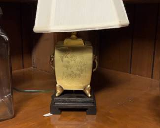 Vintage Asian Brass Table Lamp with Etched Crane and Lotus Motif