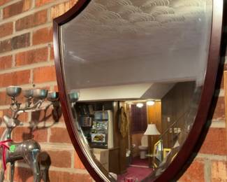 Shield Shaped Wall Mirror with Cherry Wood Finish Frame