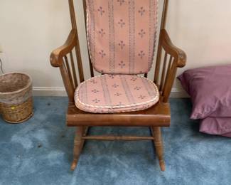 Vintage Spindle Back Wooden Rocking Chair with Floral Cushions