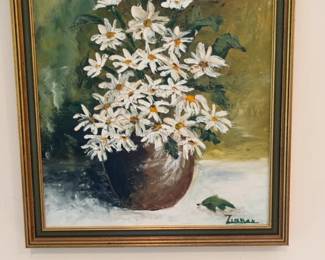 Vintage Framed Still Life Oil Painting of White Daisies