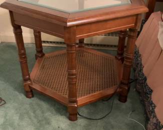 MCM Wood End Table with Glass Top and Cane Shelf 24 x 28 x 21