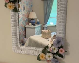 White Arched Wicker Wall Mirror with Floral Accents 24 x 36