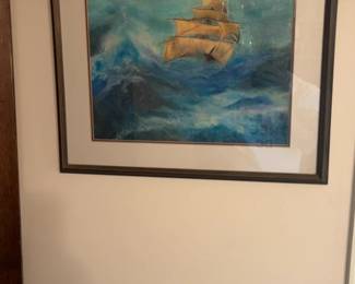 Nautical Sailing Ship Watercolor Painting in Dark Wood Frame