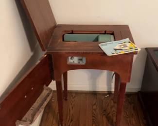 Vintage Mid-Century Sewing Machine with Wooden Cabinet and Manual 22 x 17 x 31