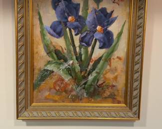 Framed Purple Iris Floral Painting with Gold Accents