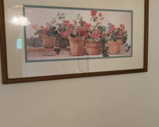 Framed Watercolor Geranium Still Life Art