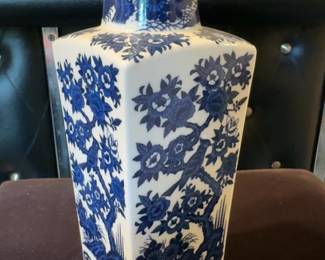 Vintage Blue and White Japanese Square Ceramic Vase with Bird and Floral Motif