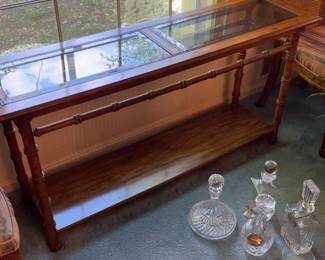 Faux Bamboo Wood Console Table with Glass Top and Bottom Shelf 35 x 14 x 25
