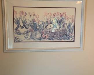 Framed Watercolor Easter Bunny and Tulips Print