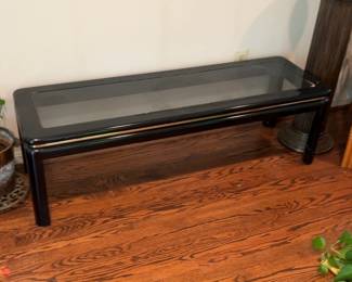 Modernist Black Lacquer Coffee Table with Glass Top and Brass Accents