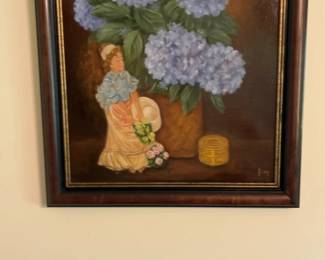 Framed Oil Painting of Blue Hydrangeas and Figurines