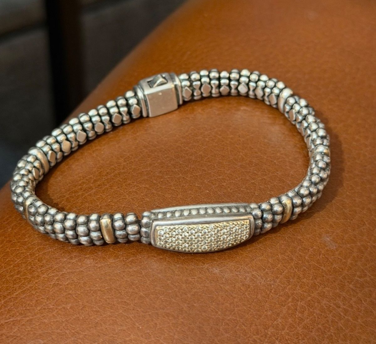 Lagos Sterling Silver & 18k Yellow Gold Caviar Bracelet w/Diamond Pave