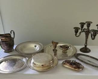 Silver Plate Pitcher, Candelabra, Butter Dish  More