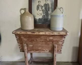 Primitive Stand, Crocks And Picture