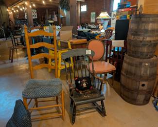 Antique rocking chair, Antique Stickley chair, Antique wine barrels