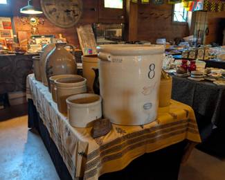 Antique crocks, pottery, glassware and tea cups