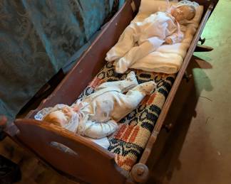 Antique baby cradle solid pine wood, vintage handmade and hand painted porcelain dolls