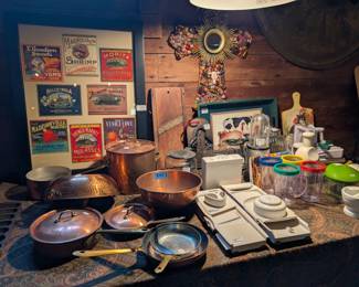 Kitchen items and framed artwork