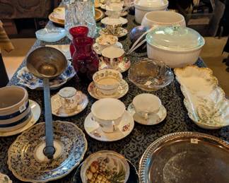 Tea cups, kitchenware, crocks, vases