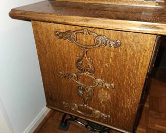 professionally restored Singer sewing machine table and machine, side detail