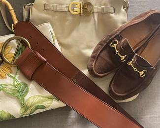 Isabella Fiore Beaded purse, Ralph Lauren Bit belt, Gucci Loafers & Purse