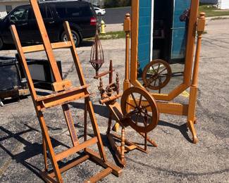 Easal on the left, spinning wheel in the middle & nearly a 6' tall dressing mirror.
