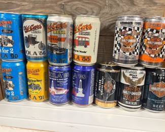 Iola ‘Old Cars’beer cans 1986 to  1996 & Harley Davidson Sturges beer cans 1993 to 1998. (Empty)