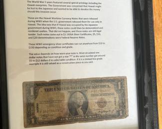 Here is a framed HawaiianWW2 Wartime Currency Silver Certificate note, for World War II. Note: NOTE - and the front of the bill it has ‘Hawaii’ on the left and right side pf the front of the bill& large letters on the back center of the bill.