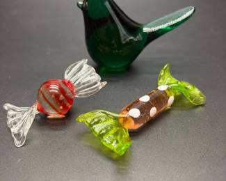 Murano Art Glass Candy with Green Glass Bird