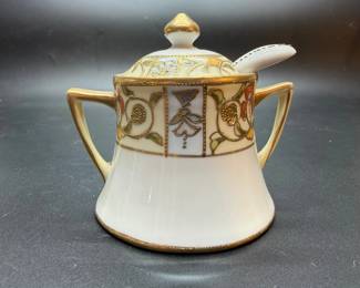 Rare Nippon Hand Painted Sugar Bowl with Lid and Spoon