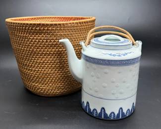 Vintage Rice Eye Porcelain Teapot with Matching Carrying Basket
