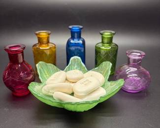 Colorful Bud Vases with Art Glass Flower Bowl