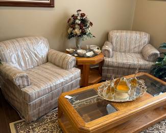 Striped Upholstered Armchair and Matching Chair Set