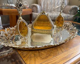 Ornate Ormolu Style Perfume Tray Set with Bottles and Box