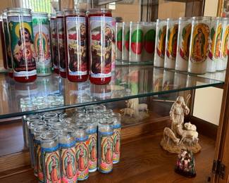 Votive Candles with Religious Imagery (Our Lady of Guadalupe, Sacred Heart of Jesus, St. Michael)