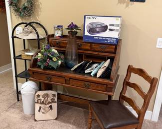 Vintage Roll-Top Desk with Chair and Sony Boombox