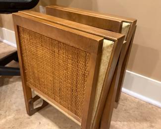 Set of Two Vintage Cane and Wood Folding Tray Tables