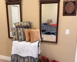 Ornate Carved Wood Mirror Set with Upholstered Bench