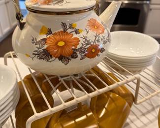 Vintage Enamelware Floral Teapot and Mugs Set