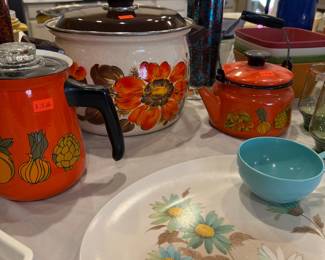Vintage Sanko Ware Enamelware Pots and Teakettle Set with Floral and Vegetable Motifs